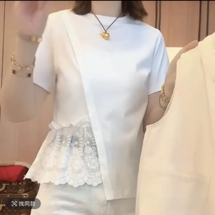 欧货圆领蕾丝拼接不规则短袖T恤女2025夏季新款修身显瘦百搭上衣