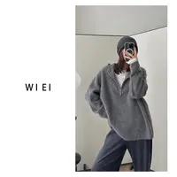 《WI EI》慵懒周末*空气100绵羊毛拉毛半拉链连帽针织毛衣W25309168
