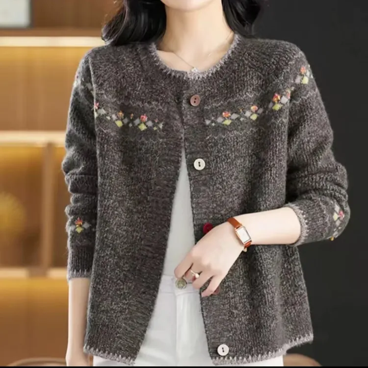 【正品现货】圆领提花气质小香风女士开衫百搭时尚毛衣洋气外套