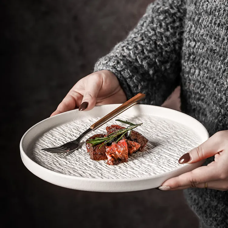 日式牛排餐盘家用西餐盘子高级感菜盘沙拉盘石纹陶瓷餐具圆盘摆盘
