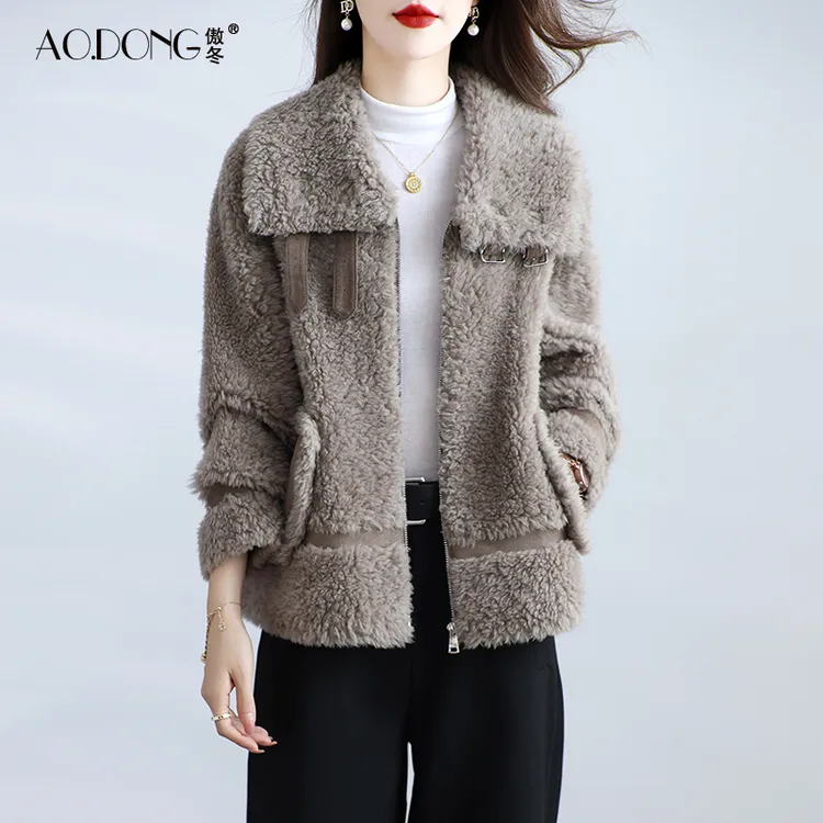 海宁颗粒绒皮草外套女短款羊剪绒百搭翻领妈妈保暖羊羔毛大衣冬季
