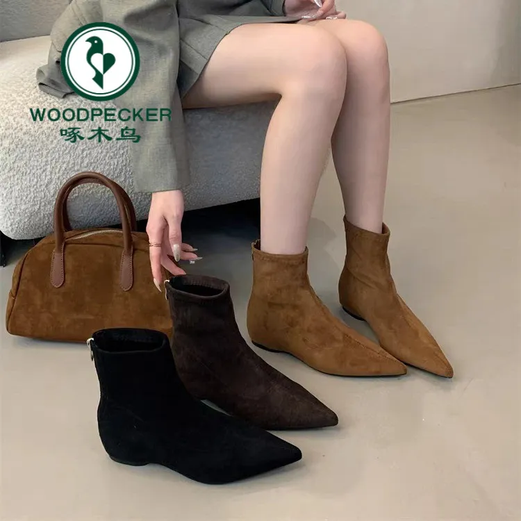 啄木鸟复古尖头内增高绒面瘦瘦靴女2025秋冬百搭气质小香风短靴