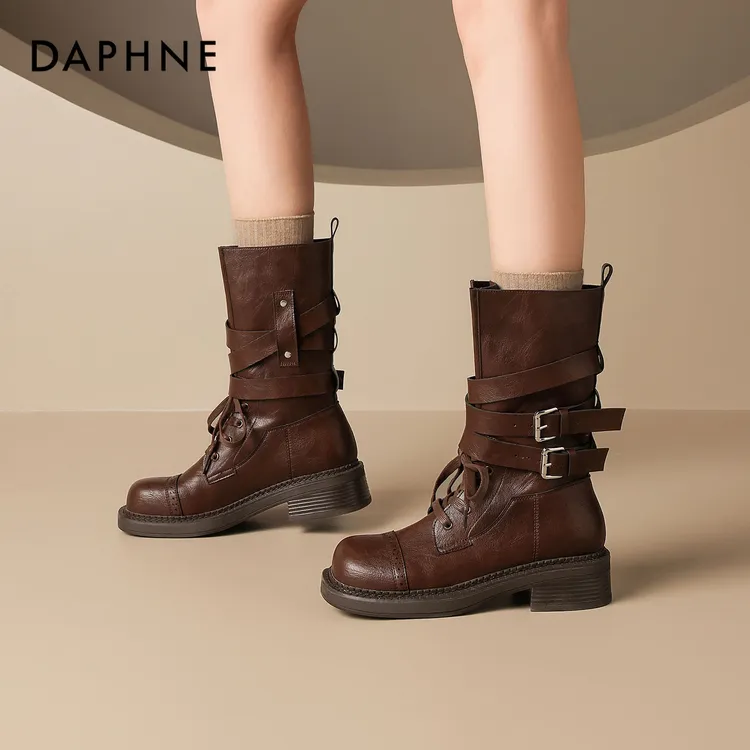 Daphne/达芙妮厚底骑士靴女中跟马丁靴2025年秋新款时尚中筒短靴