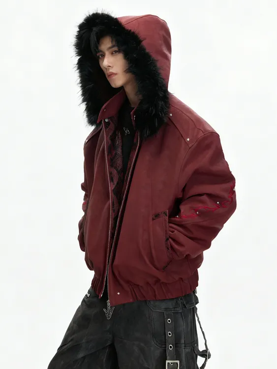 AR CulturE赤焰*重磅刺绣洗水皮座山雕夹克外套男 加厚保暖棉服冬