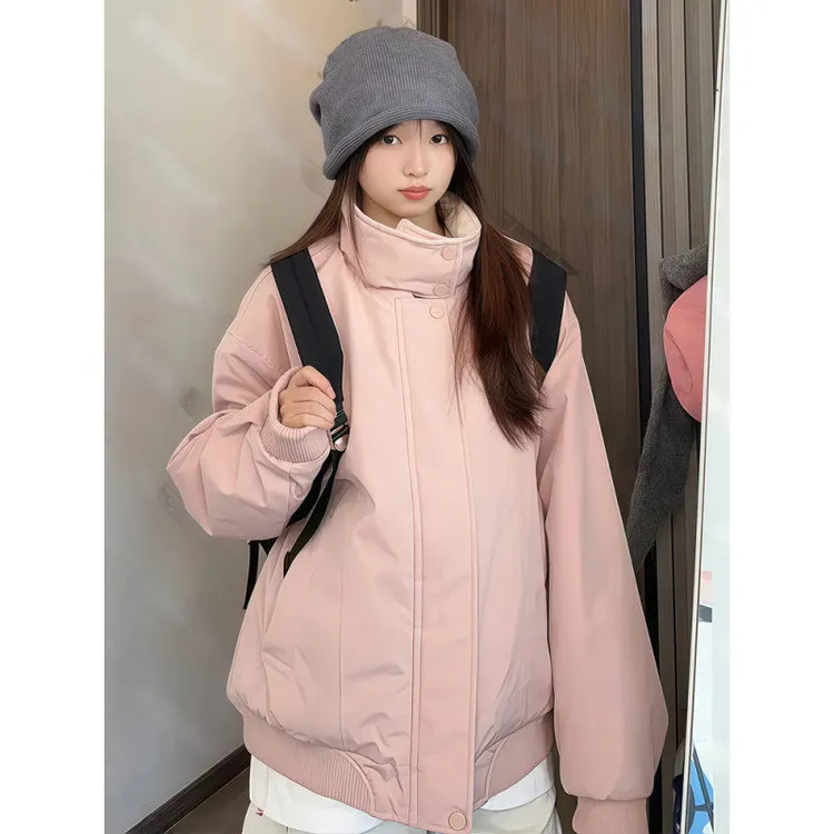 加绒休闲羊羔毛毛领棉服派克服男女冬季新款立领工装棉衣外套