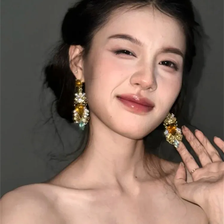 合金锆石耳饰 轻奢大小姐复古重工锆石夸张耳环长款气质流苏耳坠