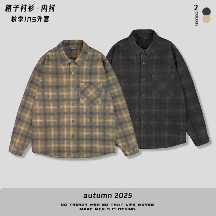 【峰秋季新品休闲简约格子衬衫翻领外套】百搭复古格子衫外套5052