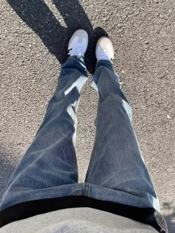 西西博#春秋季水洗冰蓝微喇牛仔裤男美式高街潮牌裤脚直筒微喇裤 