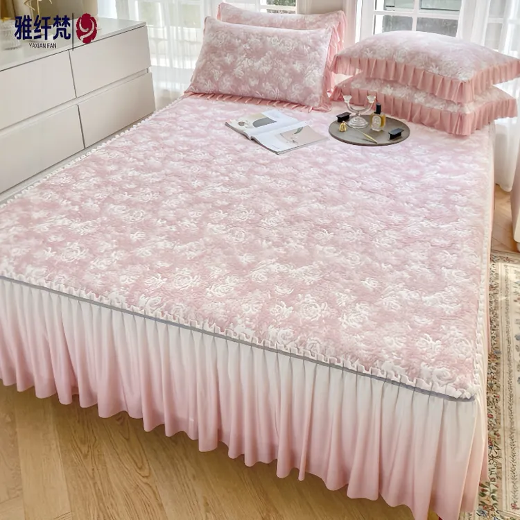 非遗好物冰丝凉席床裙三件套玫瑰提花渐变冰豆豆凉席公主风四季