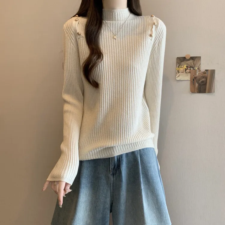 大码高级感华夫格半高领针织衫女秋冬胖MM内搭打底衫正肩显瘦上衣