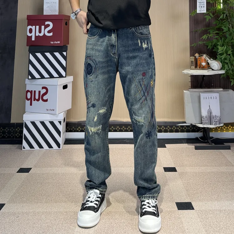 【微椎】秋冬刺绣男士重工直筒牛仔裤高街潮牌复古宽松休闲锥形长裤