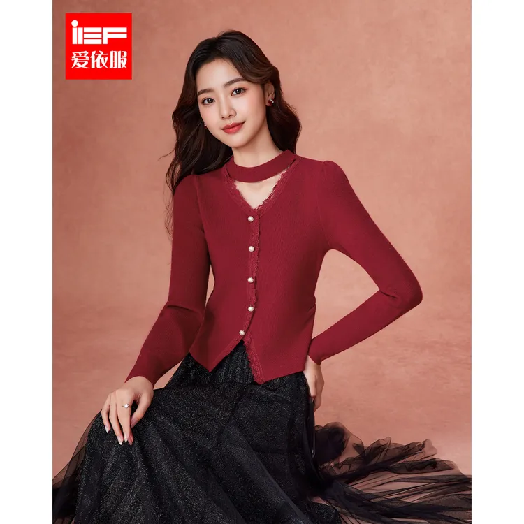 IEF/爱依服2025新款秋季毛织蕾丝拼接显瘦气质洋气打底衣