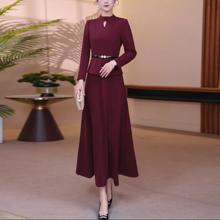 冬季欧贝呢酒红色立领修身显瘦大摆连衣裙长裙优雅气质25136