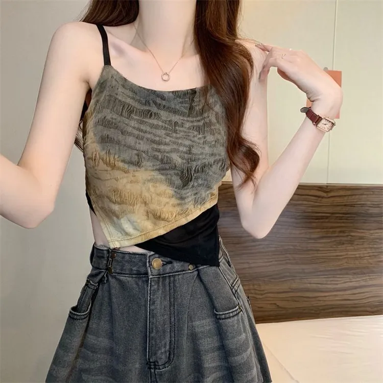 街头辣妹假两件小吊带女带胸垫撞色扎染拼接不规则美背百搭背心