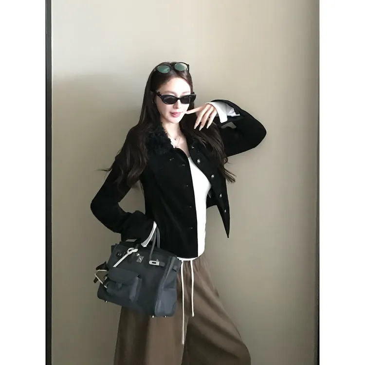 H1006【东京故事】 设计摩登翻领工艺外套百搭工装风夹克上衣女