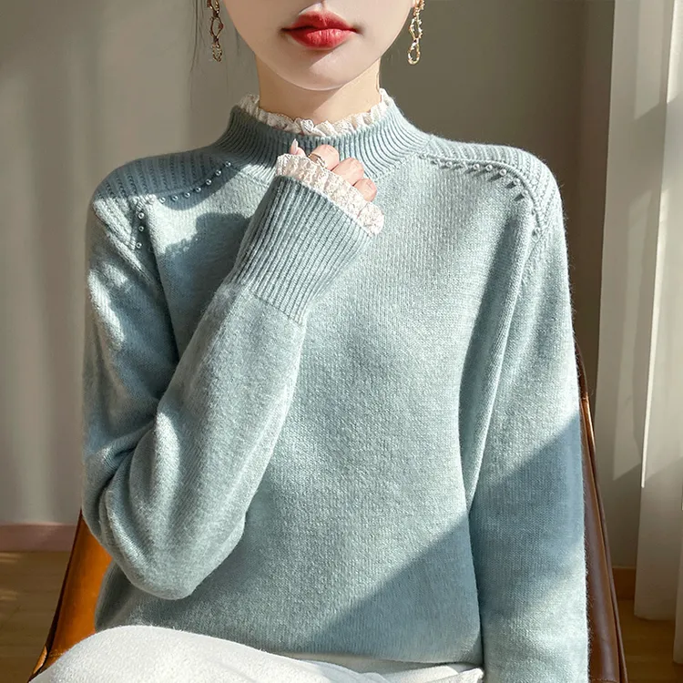 蕾丝花边半高领羊毛衫女新款重工钉珠针织打底毛衣女秋冬羊绒毛衣