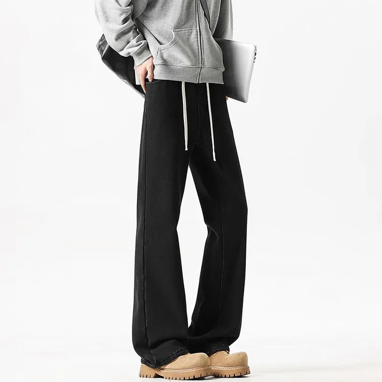 男士加绒黑色微喇裤窄版直筒裤男款牛仔裤爆款2025新款裤子青少年