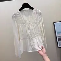 【婷婷专属】2025秋季新款雪纺衬衫女士小众v领长袖衬衣上衣15765