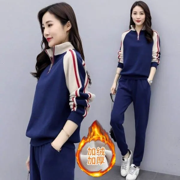 秋冬休闲运动服套装女装2025秋季新款插肩卫衣时尚加绒加厚两件套