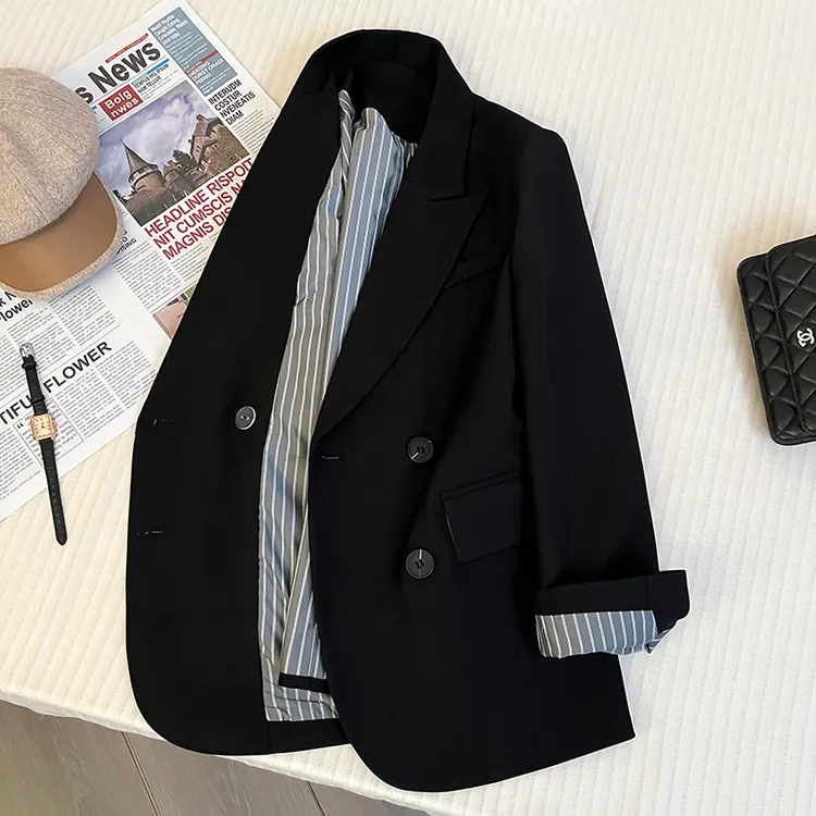 黑色条纹内里设计西装外套女2025春秋新款时尚百搭小众高级感西服