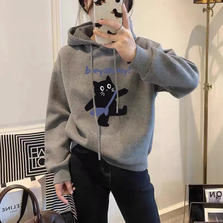 设计感小众秋冬新款2025加绒加厚套头连帽卫衣女短款宽松韩版外套