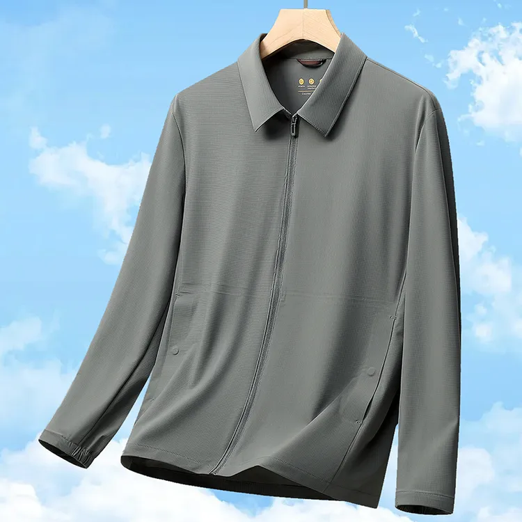 春夏时尚牛奶丝锦纶弹力夹克男式单层冰丝茄克衫中年商务休闲外套