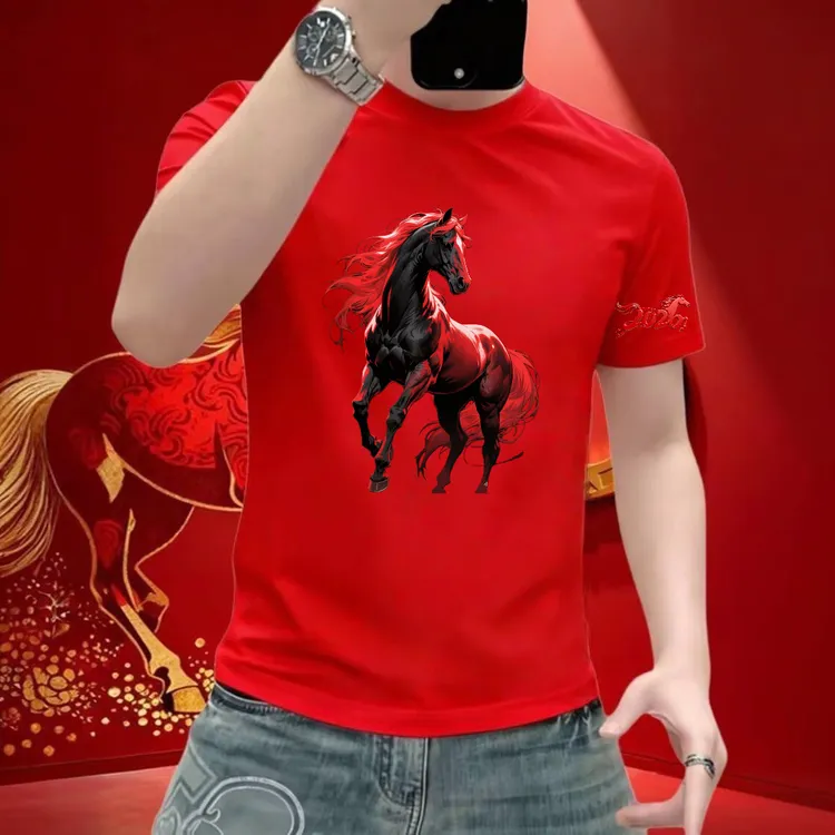 马年爆款纯棉骏马印花短袖T恤男士本命年红色高级感体恤上衣