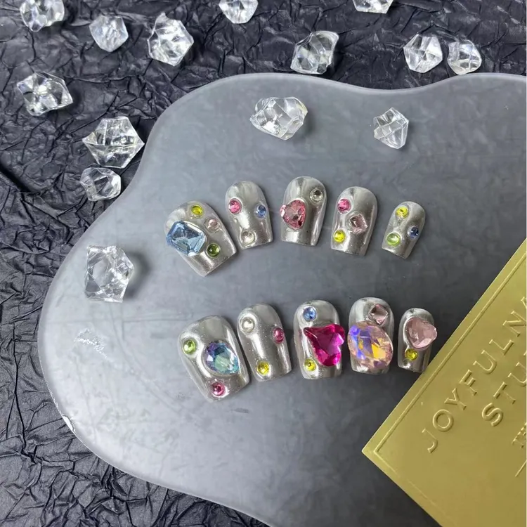 BDDBF轻奢穿戴甲魔镜粉满钻宝石 短甲 美甲贴片亮面甲片指甲贴片
