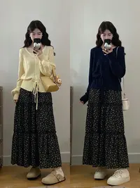 大码女时尚圆领针织上衣碎花半身裙套装72009上衣+22979半身裙