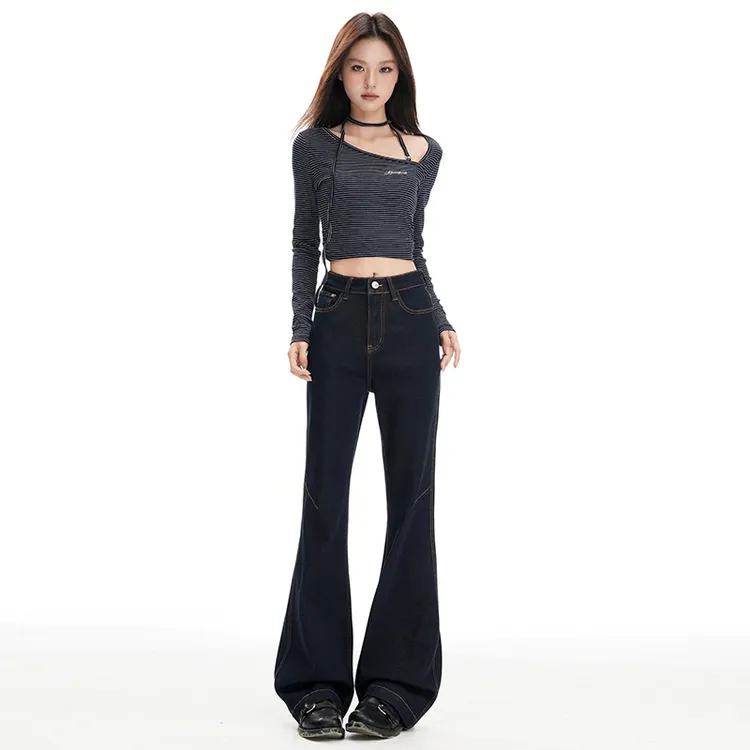 弹力美式复古低腰丹宁蓝微喇牛仔裤女秋冬新款宽松显瘦修身牛仔裤