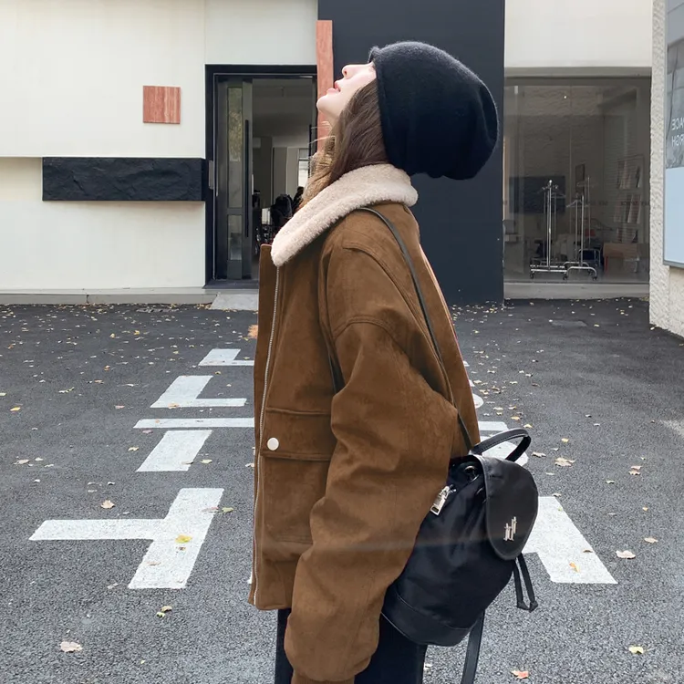 美拉德爆款流行皮毛一体外套女2025冬季新款加绒加厚拽酷机车夹克