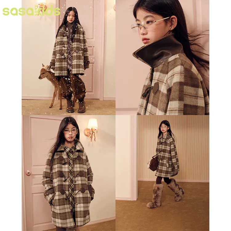 sasakids【时髦小作家】秋冬学院英伦系格子大衣牛角扣夹棉外套