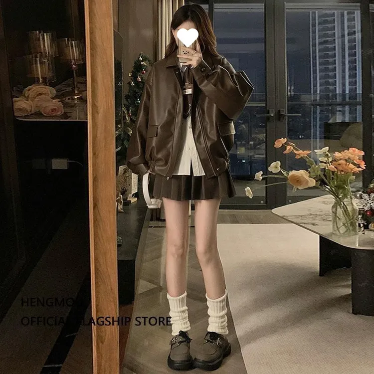 宽松型爆款皮衣外套女PU2025春秋款美式复古棕色皮夹克美拉德穿搭