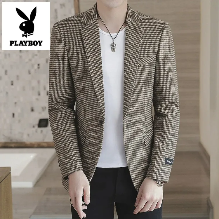 PLAYBOY花花公子外套男士休闲修身格子潮流帅气时尚韩版小西装202
