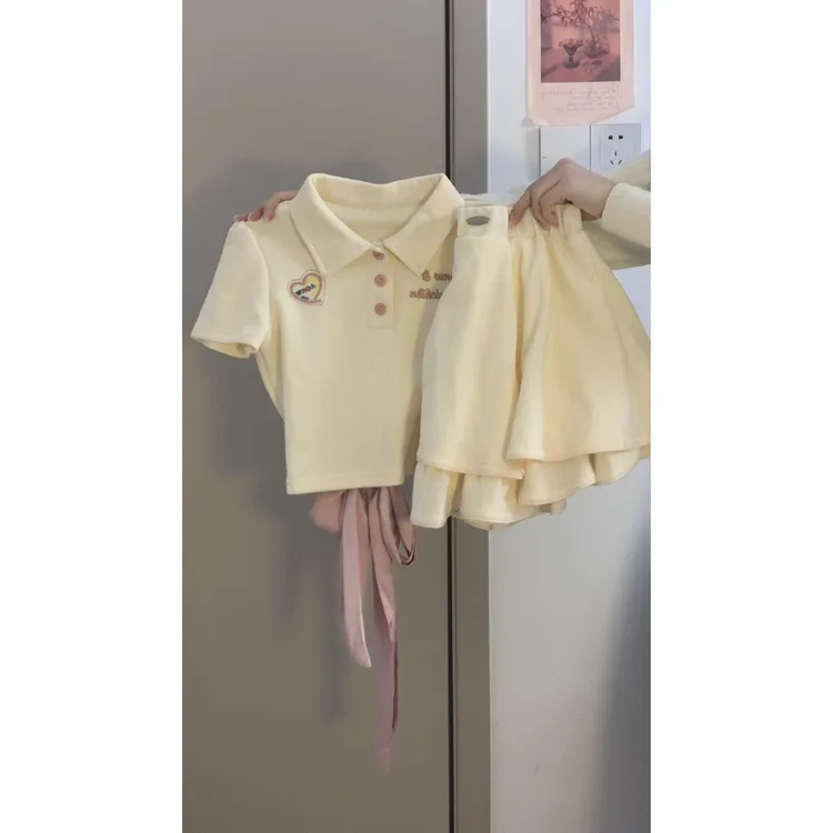 甜酷学院风蝴蝶结Polo短袖上衣套装女夏季芭蕾风短半身短裙两件套