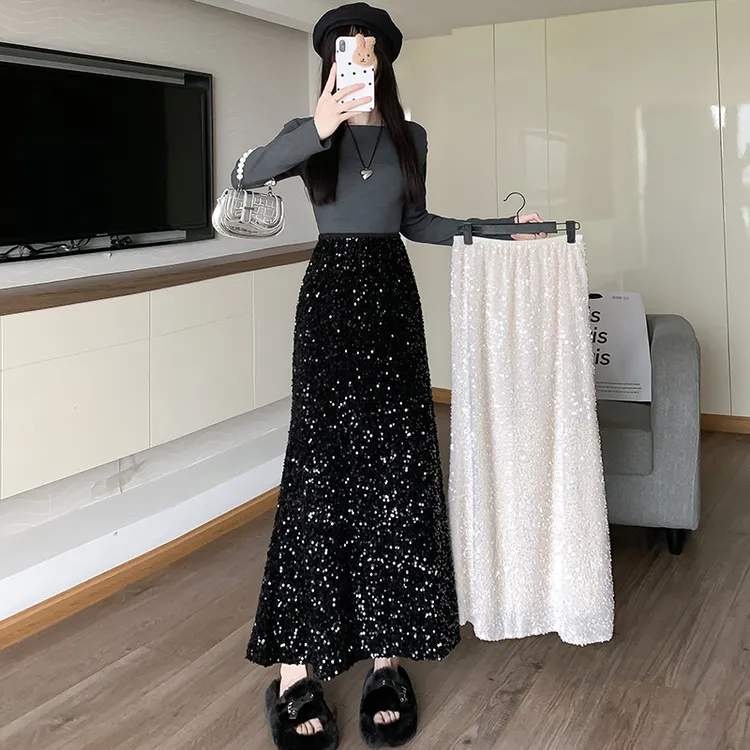 白色丝绒亮片鱼尾裙半身裙女秋冬季2025新款高腰显瘦a字包臀长裙