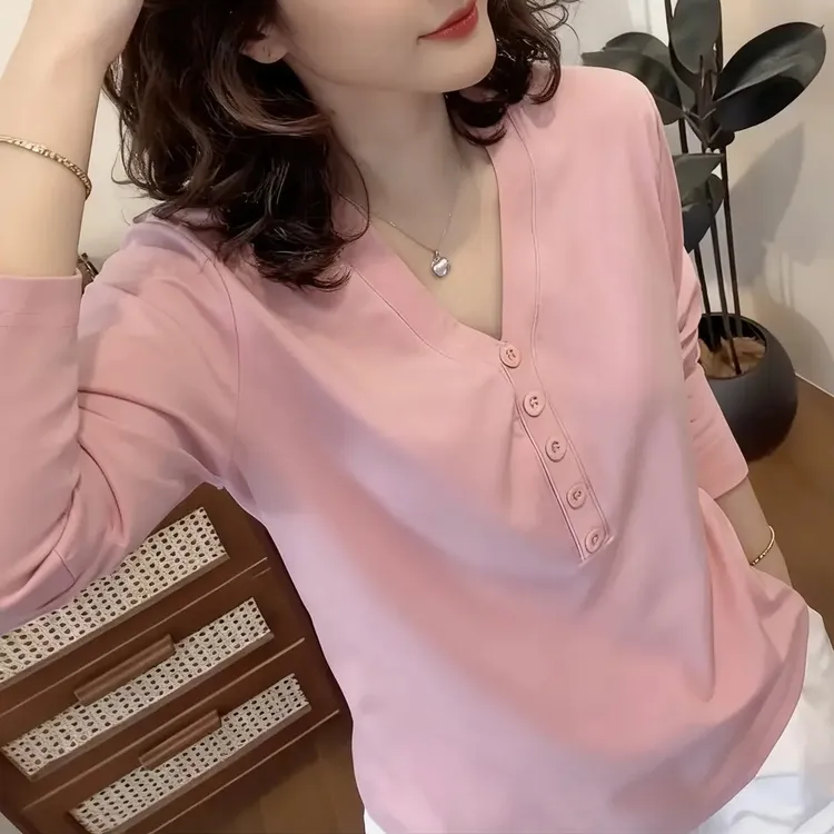 长袖气质时尚韩版宽松百搭春秋季T恤女V领纽扣设计感女士纯色上衣
