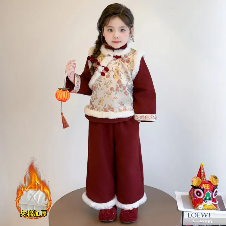 女童国风拜年服套装洋气儿童夹棉加厚唐装女宝宝冬装新中式两件套