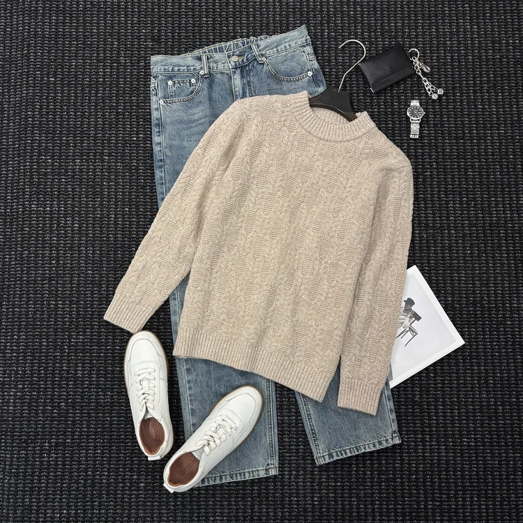 MIGSIMHE·冬季保暖100％绵羊毛 男士提花纯羊毛圆领套头毛衣针织衫