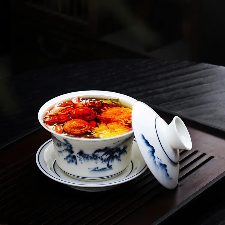 大容量300ml青花盖碗大号泡茶碗八宝茶家用敬茶碗纯手工绘制陶瓷