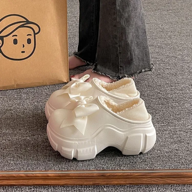 仙女风松糕厚底棉鞋女冬季防水外穿可爱蝴蝶结包跟加绒防滑棉拖鞋