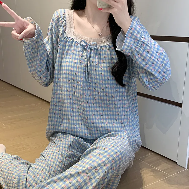 Meng luan/梦鸾碎花格子睡衣女士春秋款带胸垫日系可爱长袖家居服