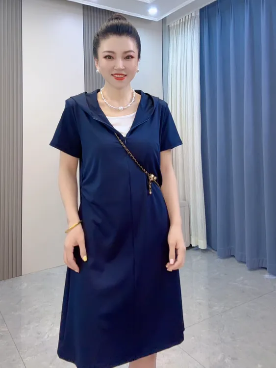 欧货时尚休闲连帽假两件连衣裙女2025夏季新款收腰显瘦短袖卫衣裙