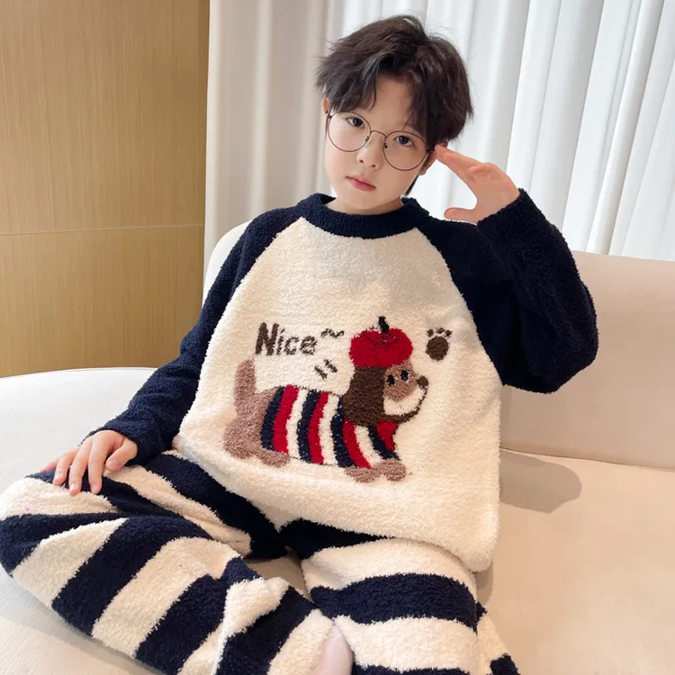 儿童装男童睡衣秋冬款冬季法兰绒加厚男孩家居服加绒中大童珊瑚绒