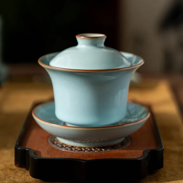 简匠 汝窑马蹄盖碗套功夫茶具冰裂纹开片可养汝瓷盖碗150cc