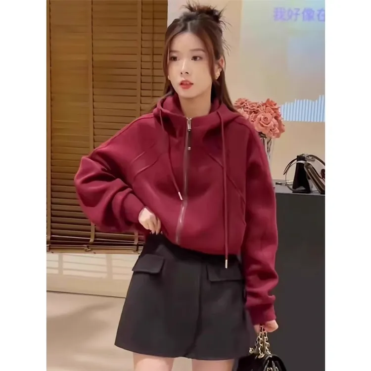 美式复古短款连帽卫衣外套女春秋款2025新款爆款宽松拉链开衫上衣