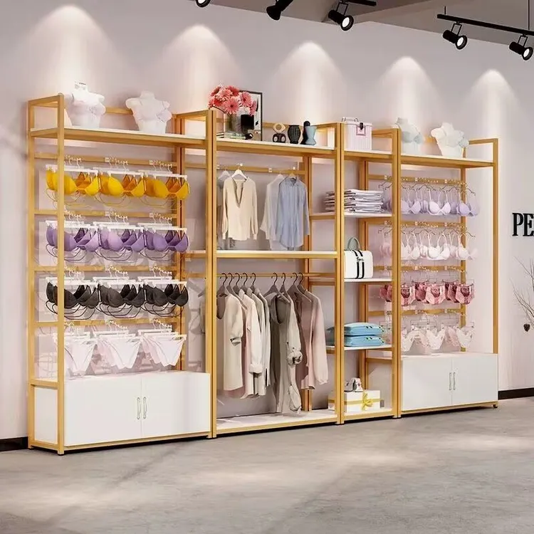 内衣架展示架文胸内裤展示柜金色带挂钩货架内衣店胸罩陈列架落地