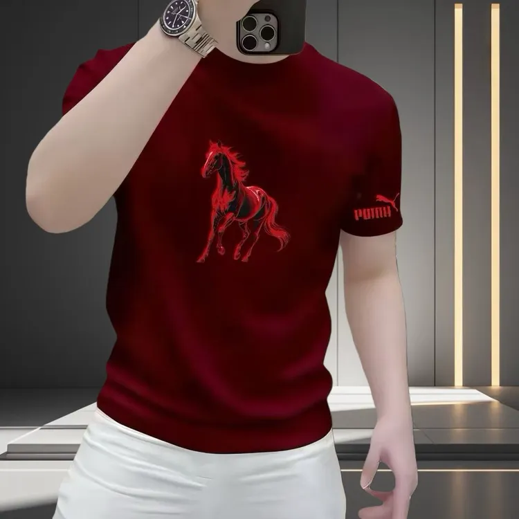 马年爆款纯棉骏马印花短袖T恤男士本命年红色高级感T恤上衣