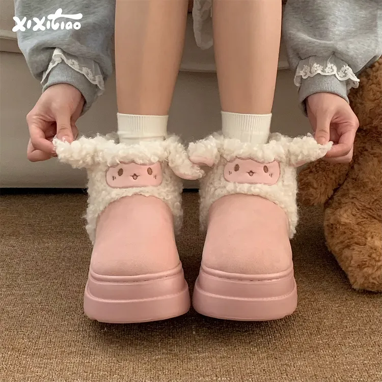 细细条 雪地靴女可爱卷毛小羊冬季时尚外穿保暖防滑软萌短筒棉靴