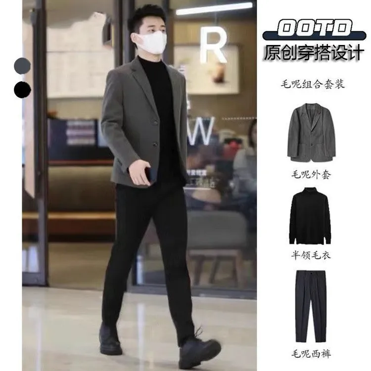 秋冬季毛呢小西装男士外套修身高级感休闲韩版痞帅小个子西服套装